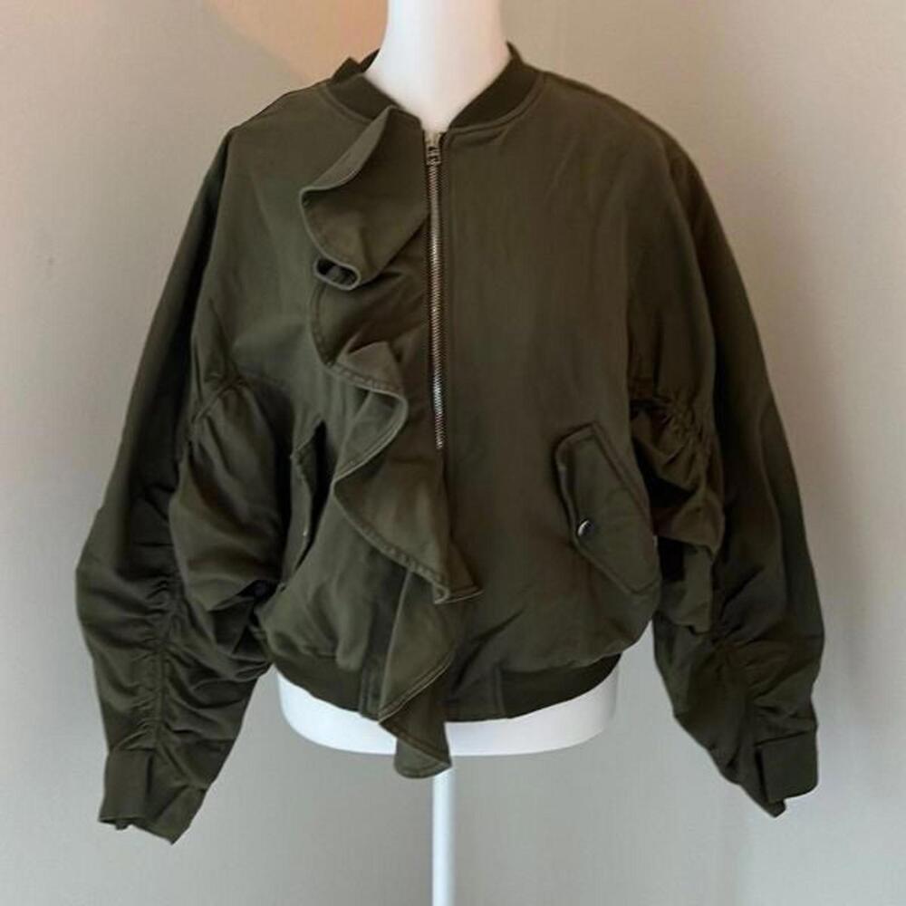 J.O.A. Anthropologie Ruffle Trim Oversized Bomber Jacket in Olive Green - XS